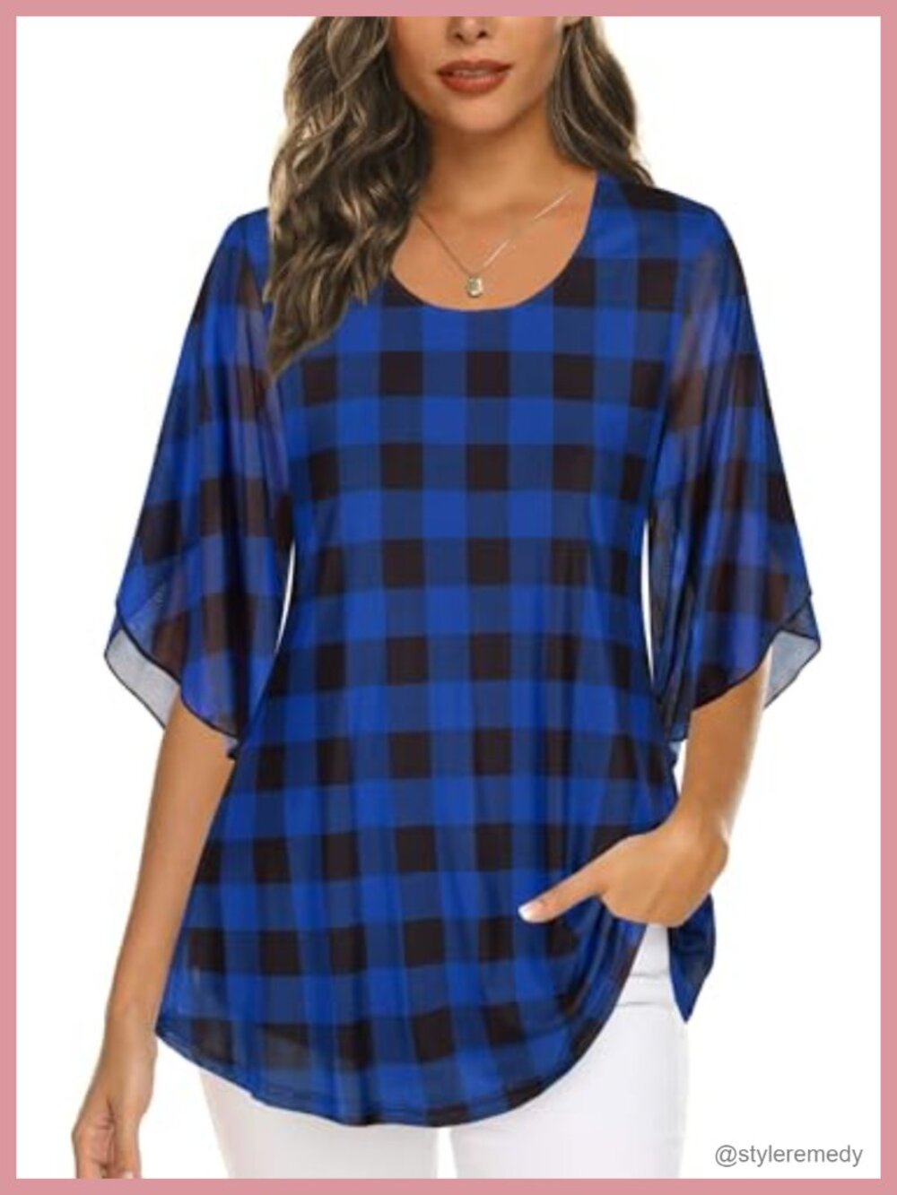 Mesh Tunic Top 3/4 Split Sleeve Double Layer Blouse Dressy Casual Flowy Hem